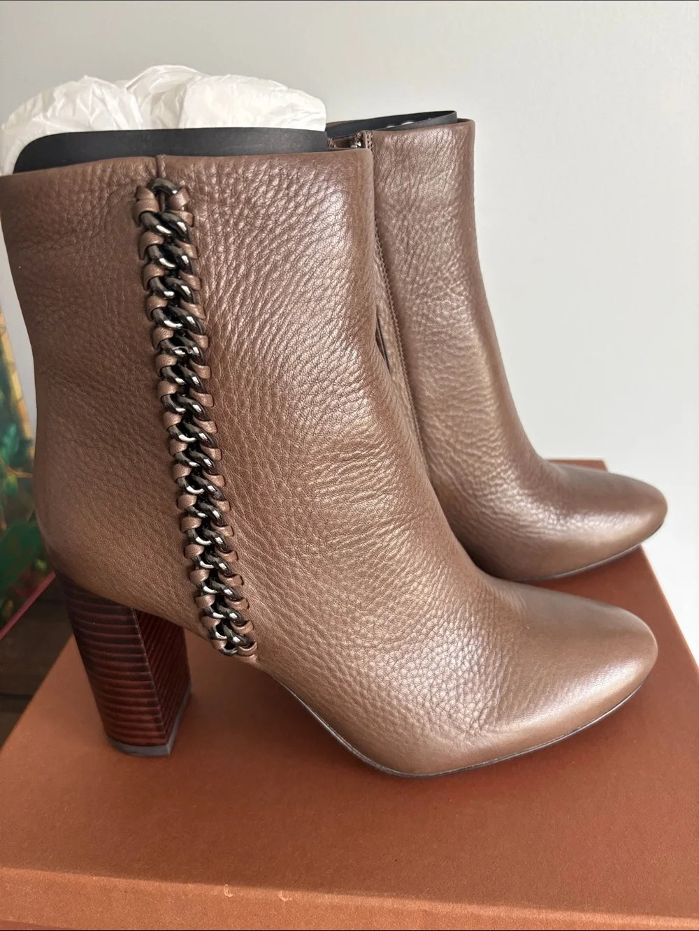 Coach Brown Leather Chain-Trim Block Heel Ankle Boots